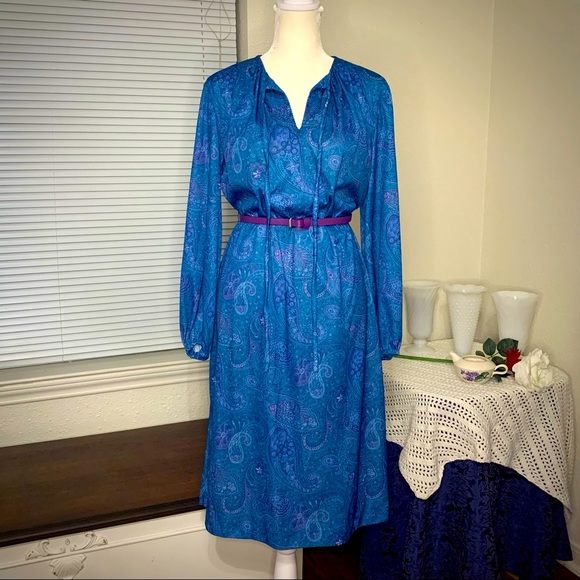 Vintage 70s Three R's Blue Polyester Paisley Dress - Picture 3 of 14